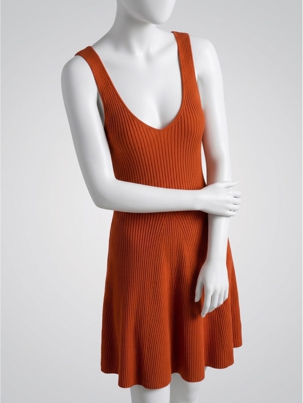 Burnt Orange Ribbed Knit Midi Dress Sleeveless V Neck Fit Flare Boho Fall Dress